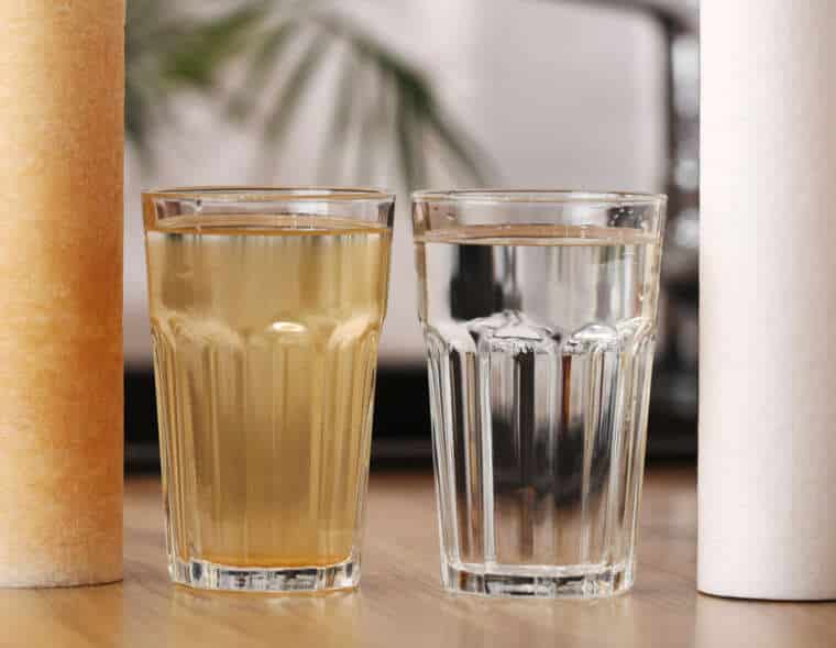 House water filtration system to drinkable condition. New clean water filter cartridge and glass of clear water. Used cartridge in rust and glass of dirty water on tabletop kitchen.