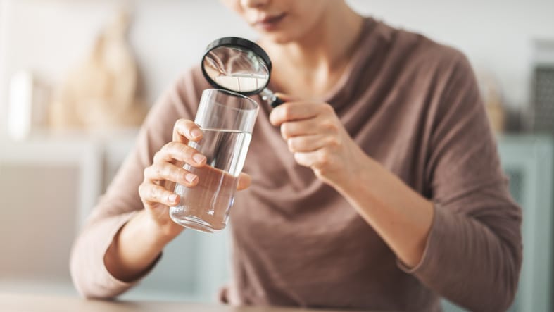 Woman looking at water in a glass through magnifying glass